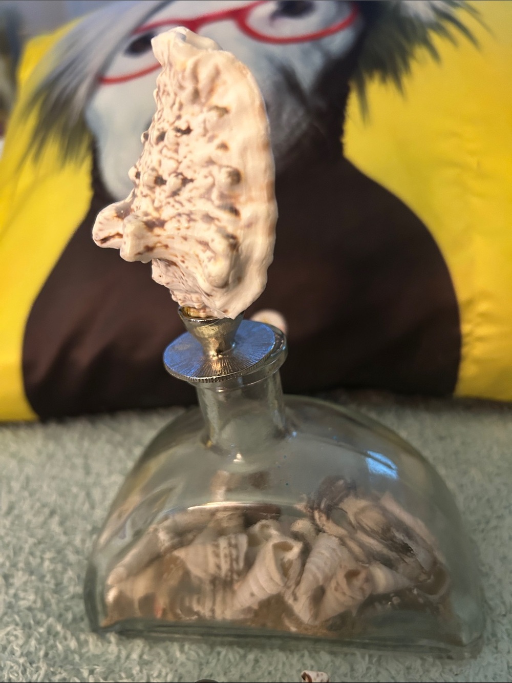 Odd shaped Bottle containing seashell with shell stopper & seashell wine stopper - Picture 2 of 11
